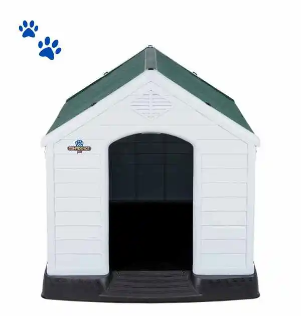 A white dog house featuring green trim and blue paw prints, branded with the Confidence-Pet logo.