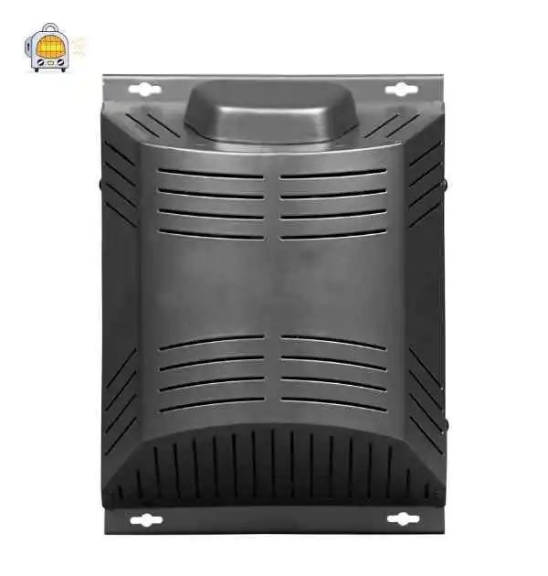 The back view of a black metal box featuring a vent, designed for an electric dog house heater.