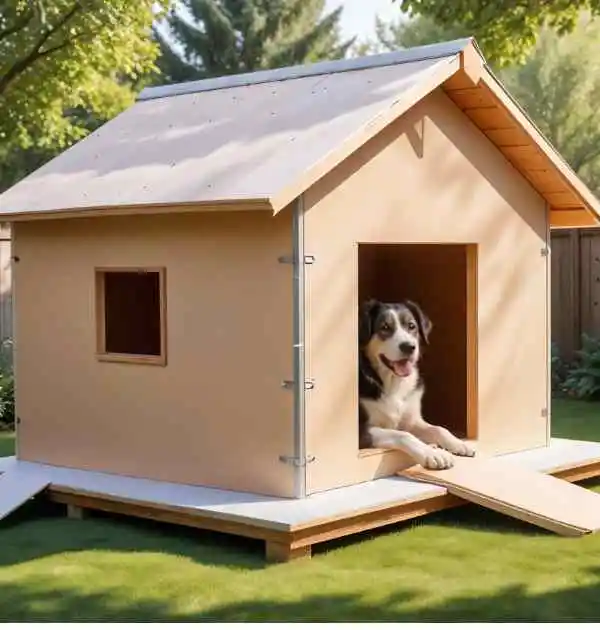 A dog comfortably sits inside a well-insulated dog house, showcasing the importance of quality materials for warmth.