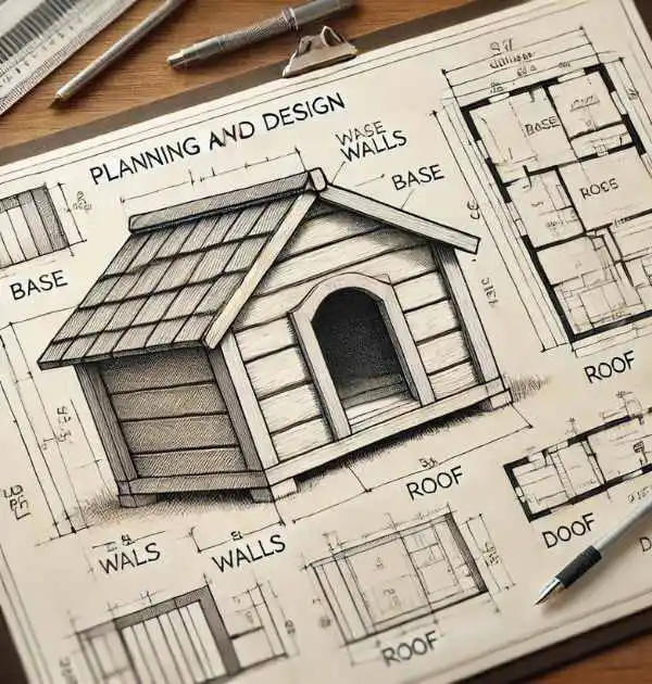 A drawing of a DIY insulated dog house displayed on a desk, showcasing a creative design for pet comfort.