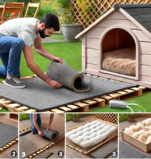 Person setting up an insulated dog house with layered flooring using rolled insulation mat, wooden frame, and soft padding to keep the dog warm. The house features an elevated design for better insulation and comfort.