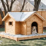 A cozy dog house surrounded by snow, showcasing DIY insulated dog house plans for winter comfort.