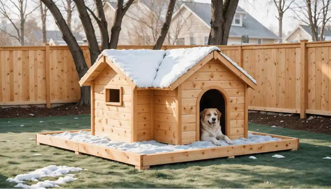 A cozy dog house surrounded by snow, showcasing DIY insulated dog house plans for winter comfort.