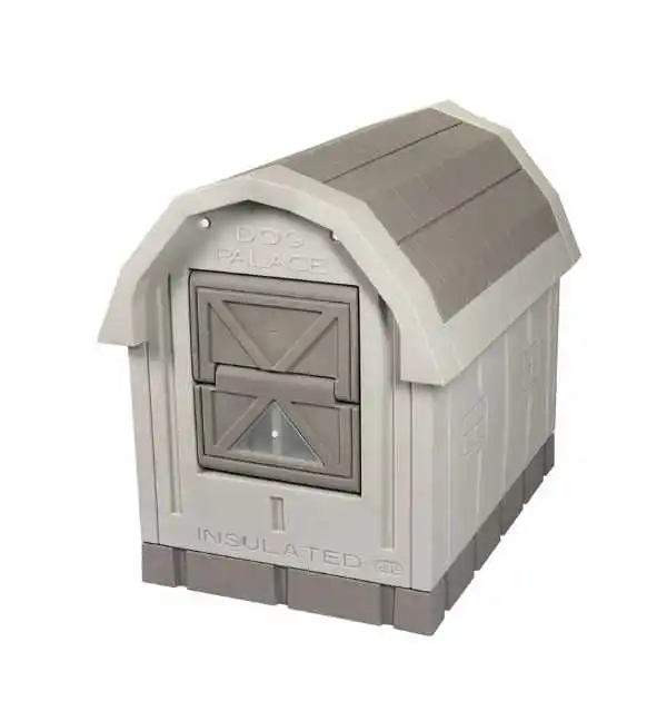 Insulated plastic dog house with an open door, featuring a built-in heater for added comfort.