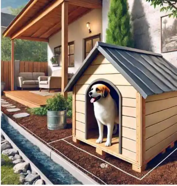 A happy dog inside a modern insulated dog house with a sloped roof and elevated base for better weather protection. The house is placed in a landscaped backyard near a cozy patio, providing a comfortable and stylish shelter for pets.