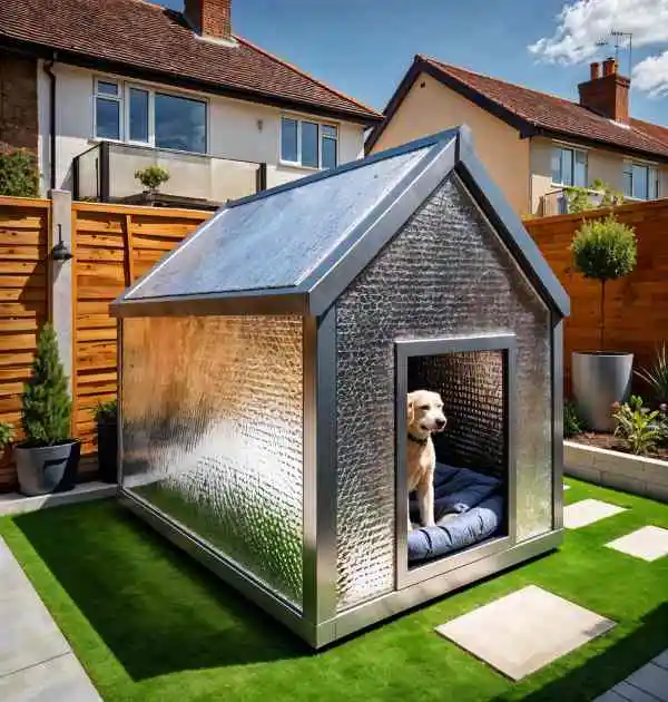 A dog sits inside a modern reflective double wrap doghouse on a lawn, its reflective surface glistening among the greenery, surrounded by a wooden fence and plants, with houses in the background.