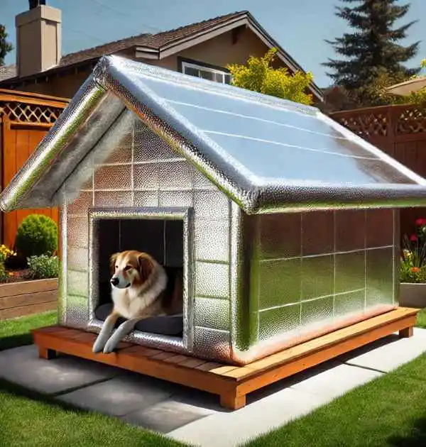 A dog comfortably sits inside a well-insulated dog house featuring reflective double-wrap insulation.