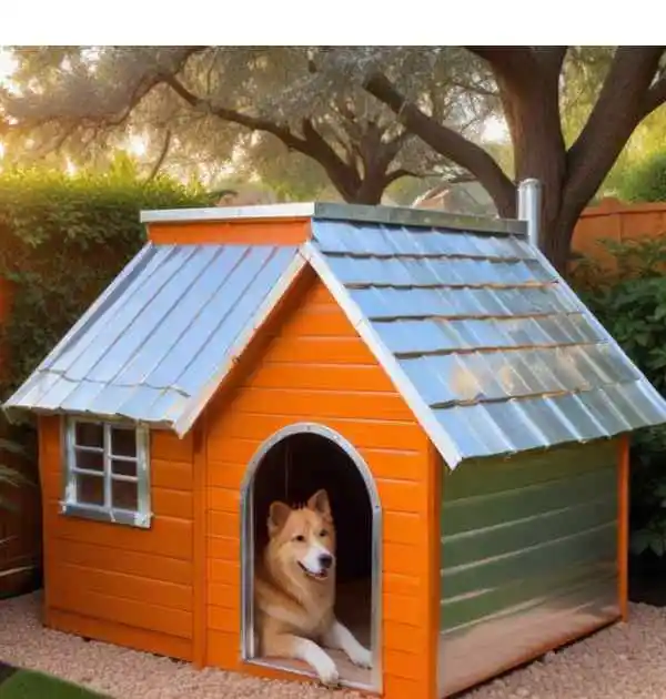 A dog relaxes in an orange dog house, highlighting the significance of using quality materials for insulation.