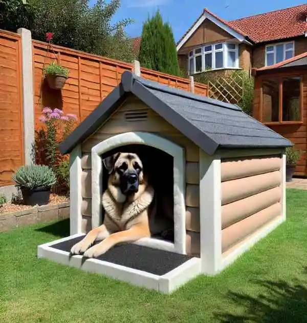 A dog comfortably sits inside a well-insulated dog house made with spray foam materials.