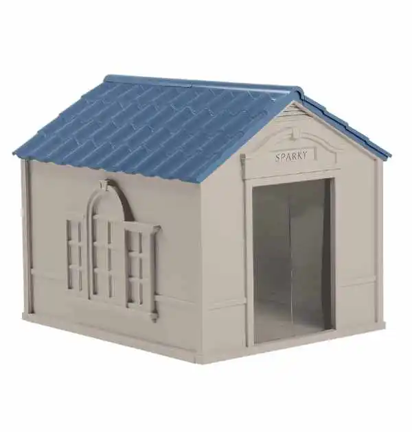 A Suncast outdoor dog house featuring a blue roof and a white front door, designed for comfort and style