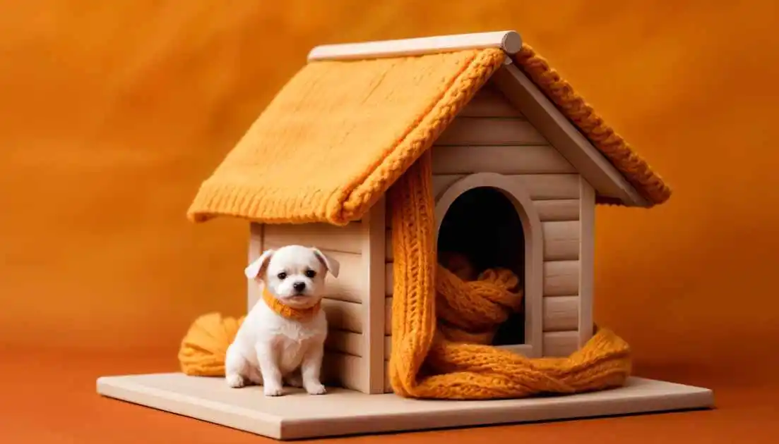 A cozy dog house with a dog comfortably resting inside, showcasing the importance of proper insulation materials.