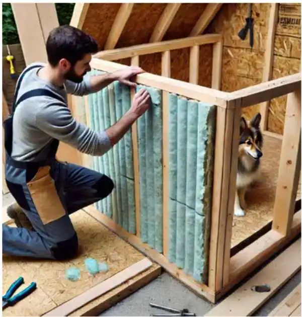 Man adding insulation panels to the walls of a dog house under construction, with a dog observing from inside the frame, ensuring warmth and comfort for colder seasons.