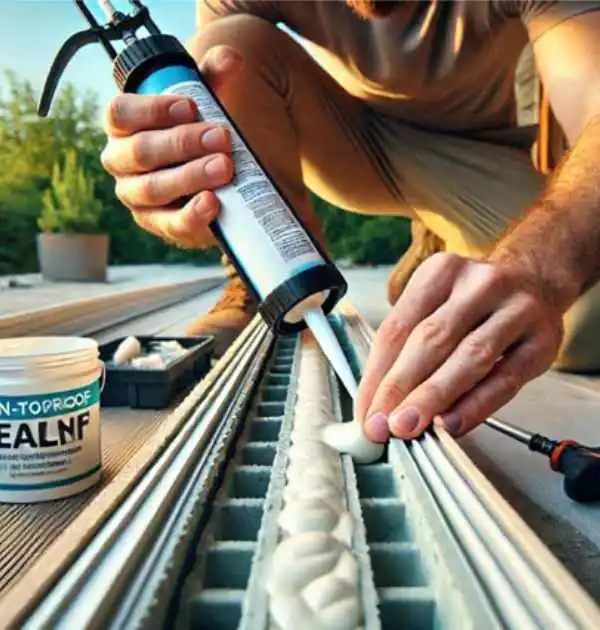 Person applying insulation sealant to a dog house structure for enhanced thermal efficiency in an insulated dog house.