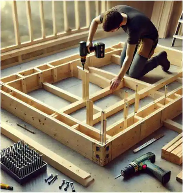 Carpenter meticulously working on the wooden frame of an insulated dog house, surrounded by woodworking tools in a sunlit workshop.