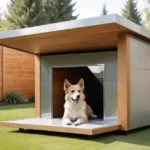 A stylish custom-insulated dog house featuring a happy dog lounging inside