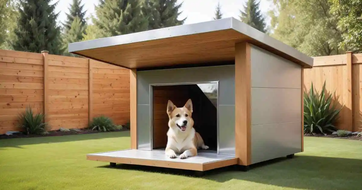 A stylish custom-insulated dog house featuring a happy dog lounging inside