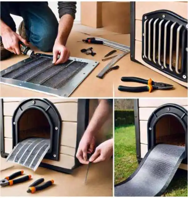 Steps to install proper ventilation and entry insulation in a DIY insulated dog house for improved comfort.