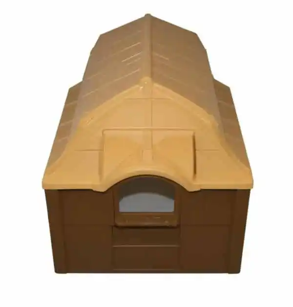 Insulated brown plastic dog house with a roof, suitable for small dogs, providing a cozy shelter