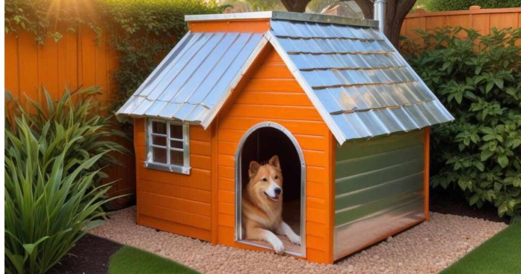 A cozy heated dog house with an orange exterior and a dog relaxing inside.