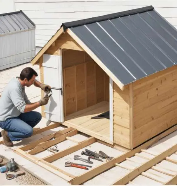 Man installing insulation panels in a partially built insulated dog house, ensuring warmth and comfort for colder weather.