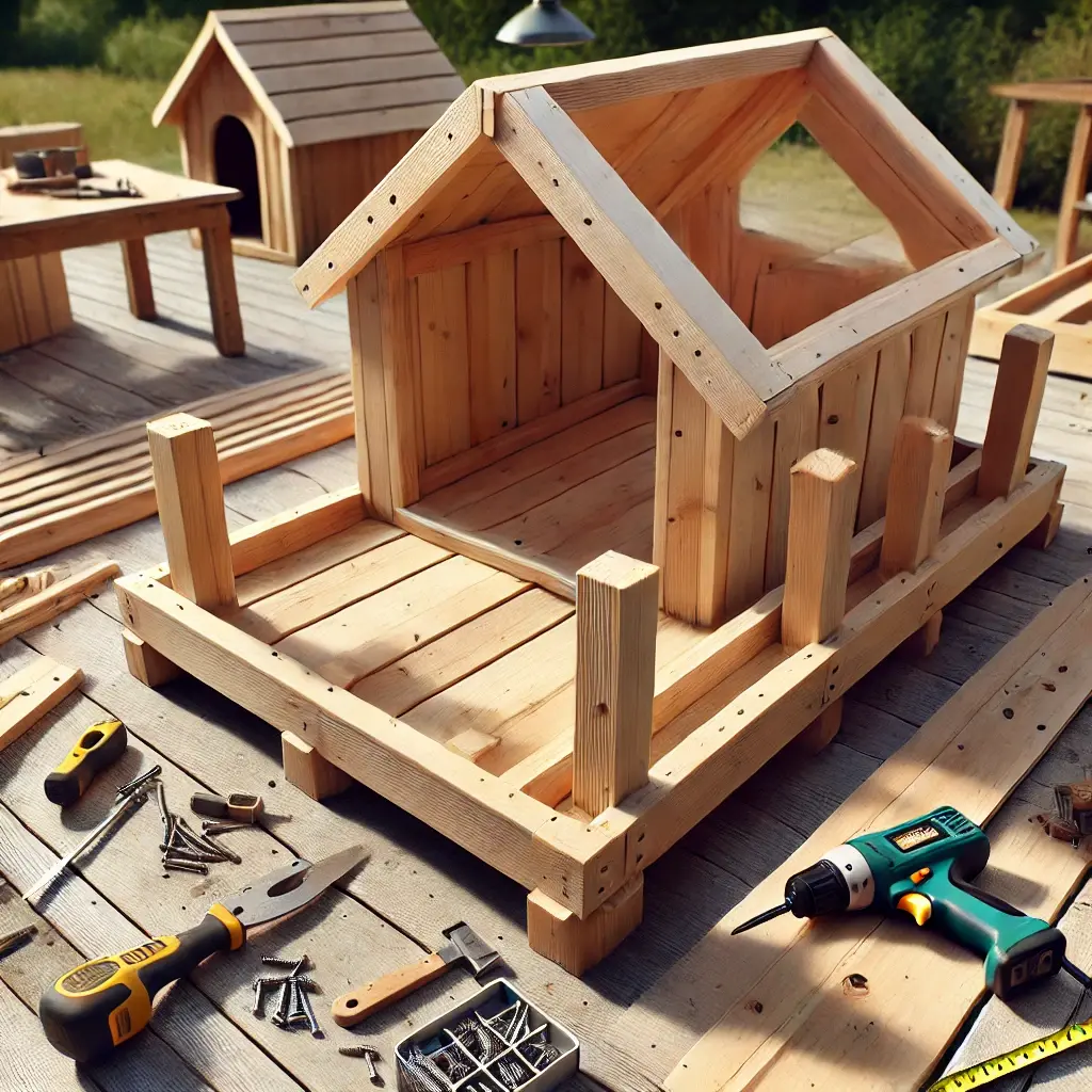 Wooden insulated dog house under construction with support beams, tools, and materials on a workbench outdoors.