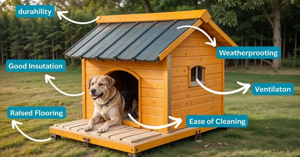 Essential features of an insulated dog house including durability and good insulation.