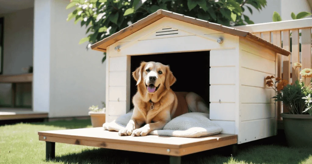 Comfortable insulated dog house providing shade and comfort for a happy dog