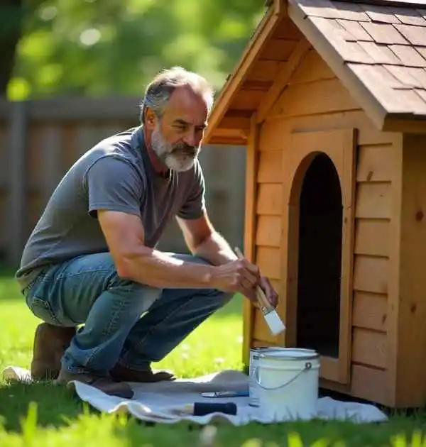 Man applying weather-resistant paint to a wooden dog house to enhance insulation for an insulated dog house.