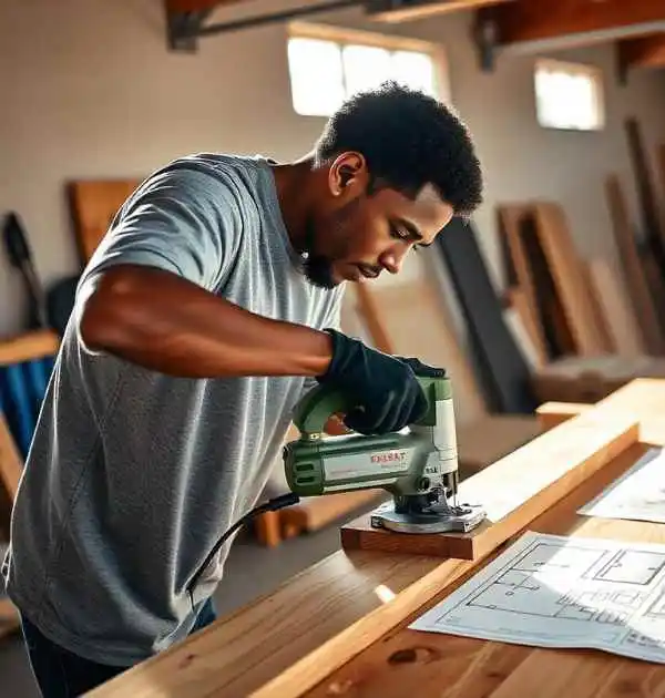 Skilled carpenter using a router tool on wood in a workshop with focus and precision, surrounded by woodworking tools and plans.