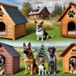 Top Insulated Dog Houses for Every Breed - Durable wooden dog houses of various sizes suitable for small, medium, and large breeds, with cozy interiors and paw print decorations. Perfect outdoor shelter options for dogs