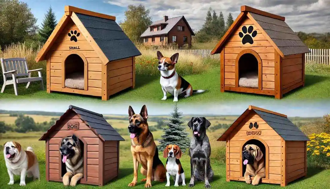 Top Insulated Dog Houses for Every Breed - Durable wooden dog houses of various sizes suitable for small, medium, and large breeds, with cozy interiors and paw print decorations. Perfect outdoor shelter options for dogs