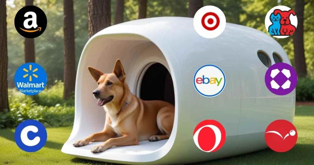 A dog relaxing in a modern insulated dog house surrounded by logos of popular online stores.