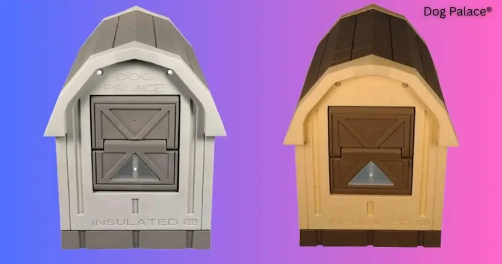 Two identical dog houses side by side, showcasing the ASL-Solutions Insulated Dog Palace design for optimal comfort.