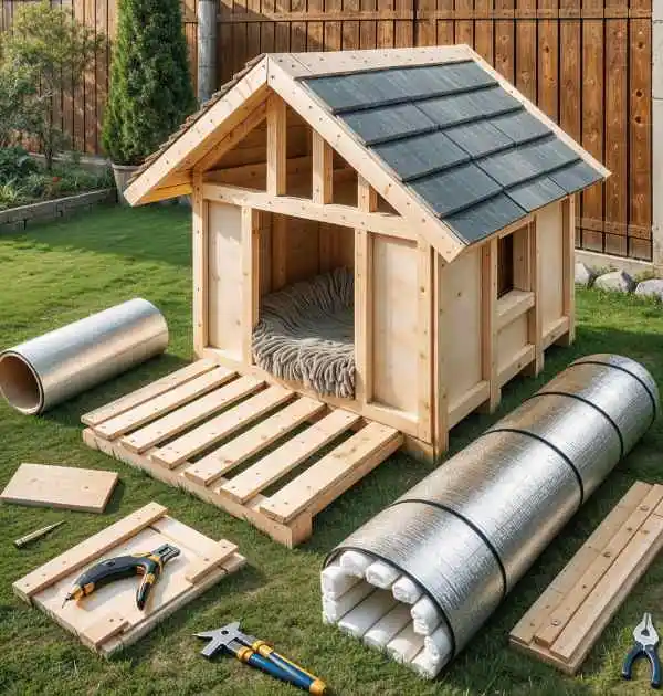 The image depicts a DIY insulated dog house in progress, designed for outdoor use. The setup includes tools, insulation materials, and wooden panels, highlighting a step-by-step construction process. This dog house features an elevated platform, a sloped roof for water drainage, and insulated walls to provide warmth and protection during colder months. Ideal for pet owners seeking a cost-effective and customized solution for their dog's comfort