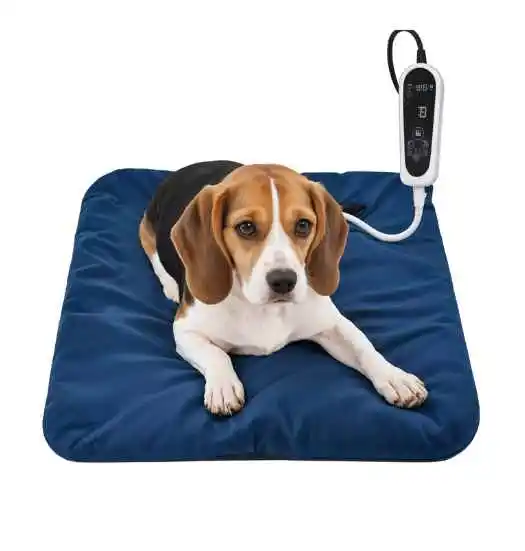 A dog comfortably resting on a blue electric heating pad designed for pets.