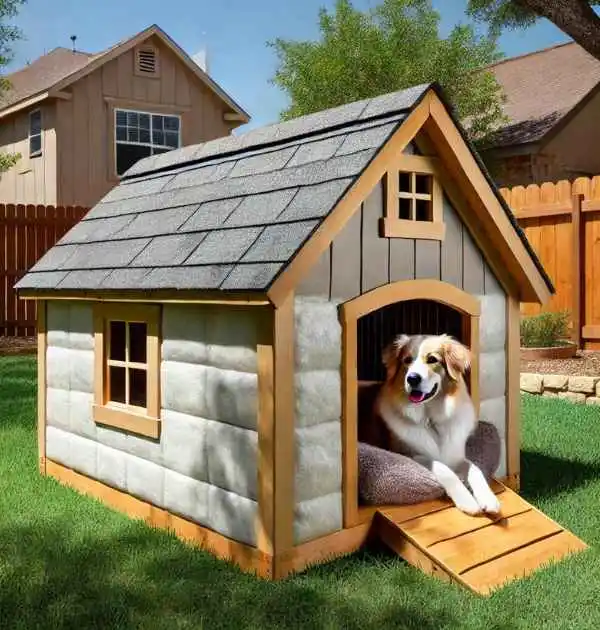 A dog comfortably sits inside a fiberglass-insulated dog house, showcasing warmth and protection from the elements.