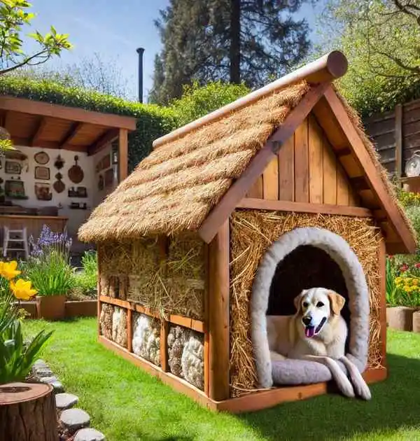 A dog comfortably sits inside a hay-made dog house, showcasing natural insulation and a cozy environment.