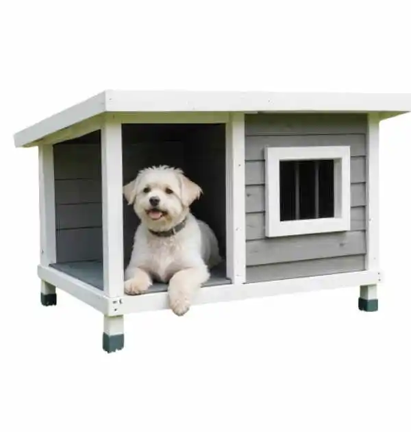 Small white dog resting inside a stylish grey and white wooden insulated dog house with a side window.