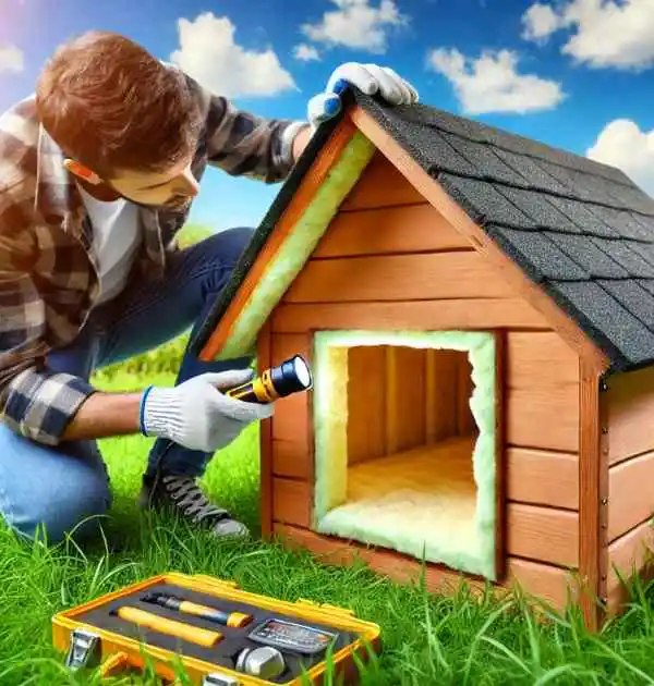 A man inspects a dog house for leaks and damage while performing maintenance work on it