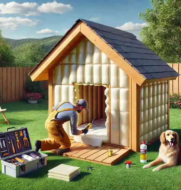 A man constructs a dog house in the yard while a dog observes, highlighting the importance of regular maintenance.