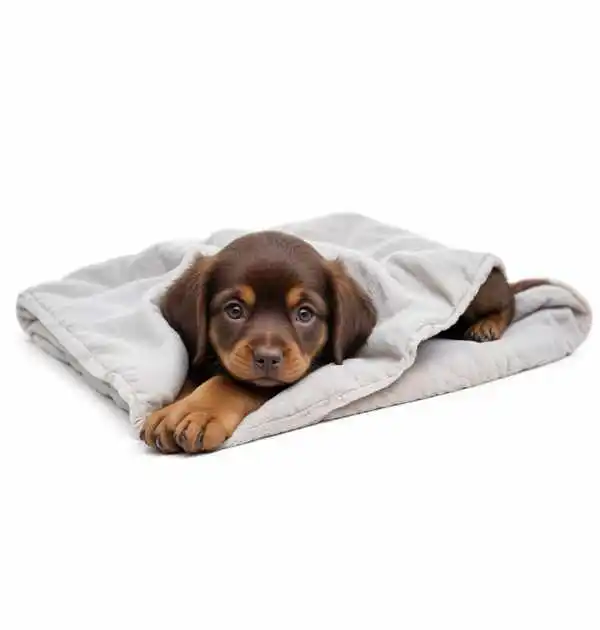 A puppy resting on a soft blanket, surrounded by a white background, with a self-heating pad for added comfort.