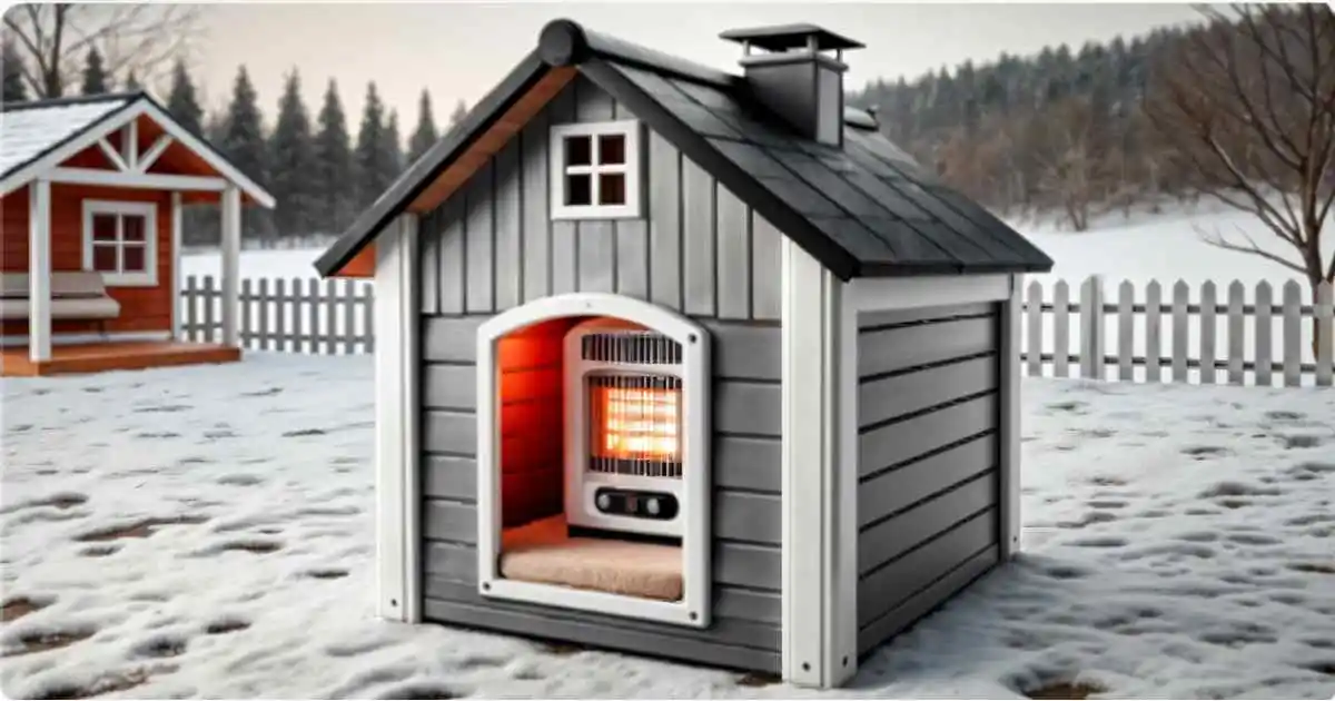 Insulated dog house with a heater, providing warmth in a snowy winter landscape.