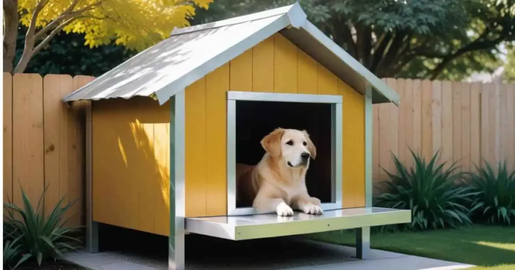 Golden retriever in a custom yellow insulated dog house with a raised platform, in a backyard with greenery and a fence.