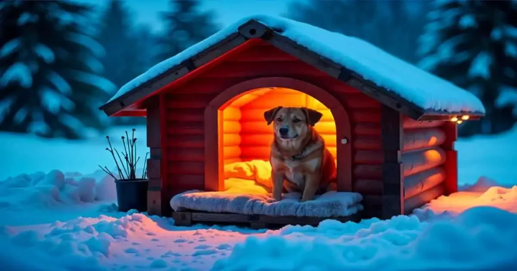 A dog comfortably sits in a heated, insulated dog house surrounded by a blanket of snow.