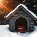 Insulated dog house with a heater, surrounded by snow, keeping pets warm in winter conditions.