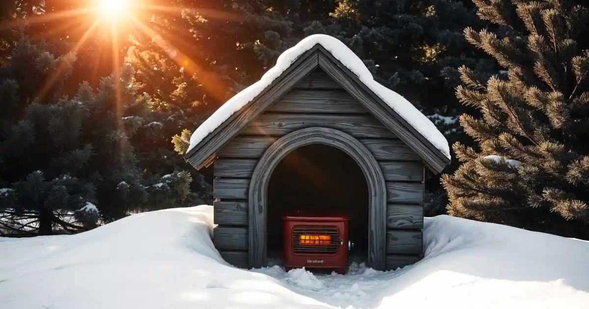 Insulated dog house with a heater, surrounded by snow, keeping pets warm in winter conditions.