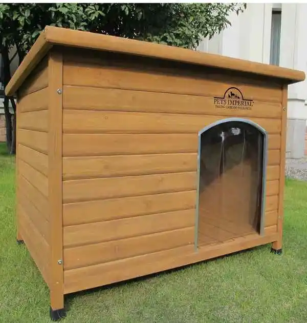  A wooden dog house with an open door, featuring insulation, support rails, and a removable floor for easy cleaning.