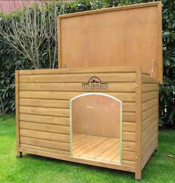 The Pets Imperial® Norfolk XL wooden dog kennel in cedar color, featuring an open door, inviting pets inside.